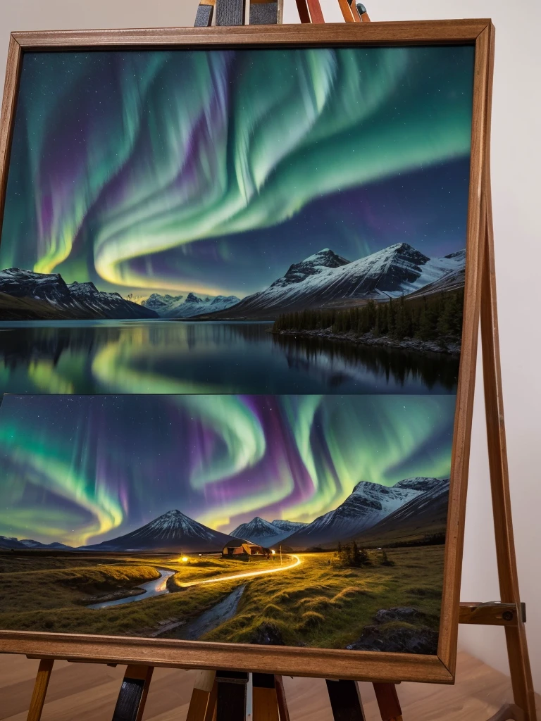 Create a  Northern Lights over a mountain landscape-themed piece of art on a small-sized canvas on an easel and table filled with paints the same color as the canvas and brushes