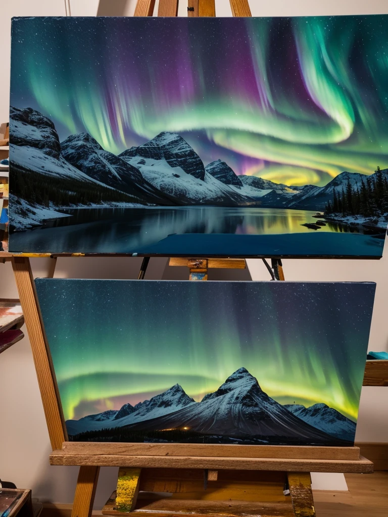 Create a  Northern Lights over a mountain landscape-themed piece of art on a small-sized canvas on an easel and table filled with paints the same color as the canvas and brushes