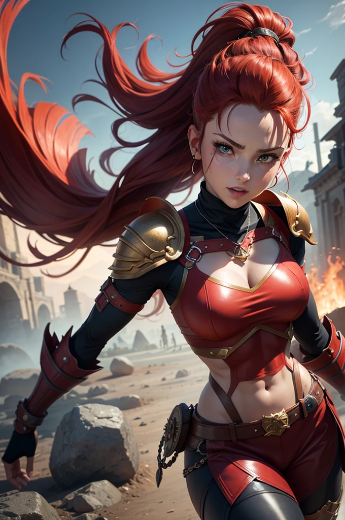 A muscular female warrior battle chasers nightwar red monika with red hair in a high ponytail, wearing a red and gold armored outfit. Her costume includes a form-fitting top and large shoulder guards, with a dark cloak around her neck. The background is dark with orange , adding a dramatic effect. JoeMAD2023,1girl, Red_Monica_v2, large breasts, action pose, 8k, uhd, best quality, cartoon, armor, trending on artstation, vibrant colors, epic fantasy, comic style,red hair, ancient city, toned body, abs,