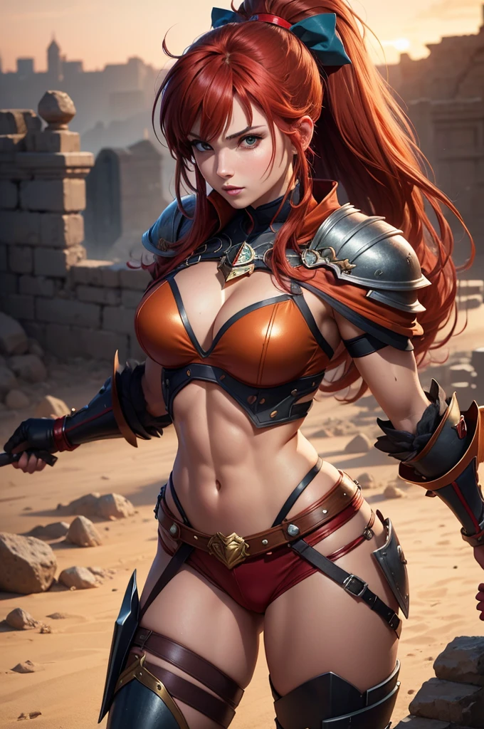 A muscular female warrior battle chasers nightwar red monika with red hair in a high ponytail, wearing a red and gold armored outfit. Her costume includes a form-fitting top and large shoulder guards, with a dark cloak around her neck. The background is dark with orange , adding a dramatic effect. JoeMAD2023,1girl, Red_Monica_v2, large breasts, action pose, 8k, uhd, best quality, cartoon, armor, trending on artstation, vibrant colors, epic fantasy, comic style,red hair, ancient city, toned body, abs,