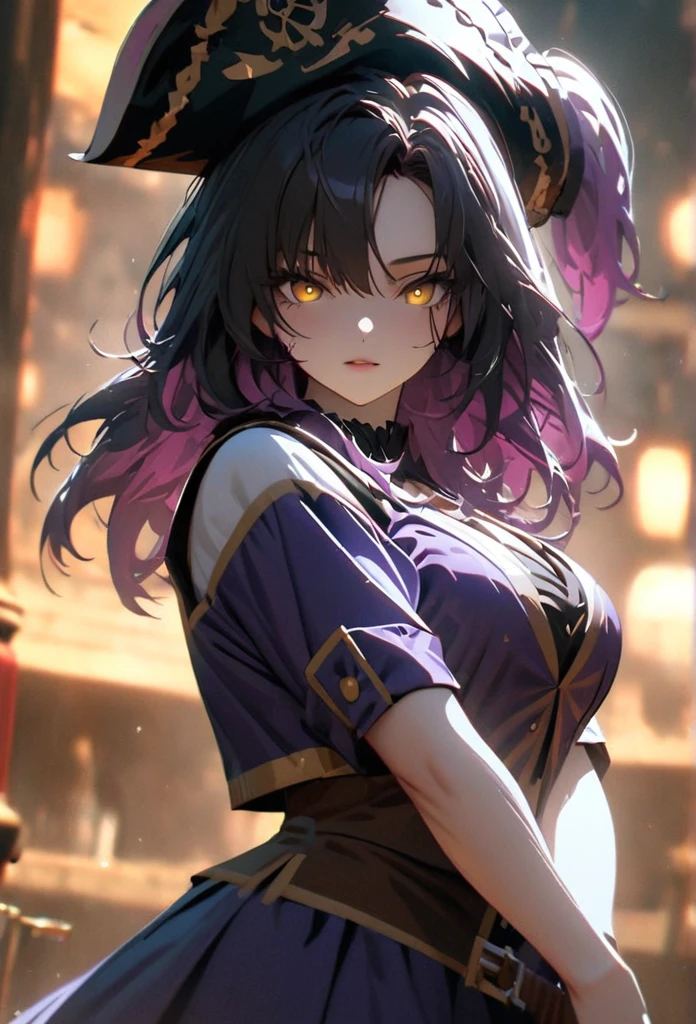 (solo), purple hair, messy hair, mane hair, medium hair, dense hair, wild hair, expressive hair, mature,(25 year old), pale skin, yellow eyes, ((Female)), beatiful girl, wearing a purple pirates outfit, pirate hat, blue skirt, rolled up sleeves, beautiful, attractive, large breast, and round and big ass, Holding a flintlock, eye reflection, depth of field, thunder aura, cinematic lighting, ray tracing, depth of field, cinematic lighting, ray tracing, UHD, high details, best quality, highres, high quality, award winning, super detail, masterpiece, 8k, UHD, high details, best quality, highres, high quality, award winning, super detail, masterpiece, 8k, digital art, anime coloring, body shot, good face, perfect face, detailed face, good eyes. A sea and island background