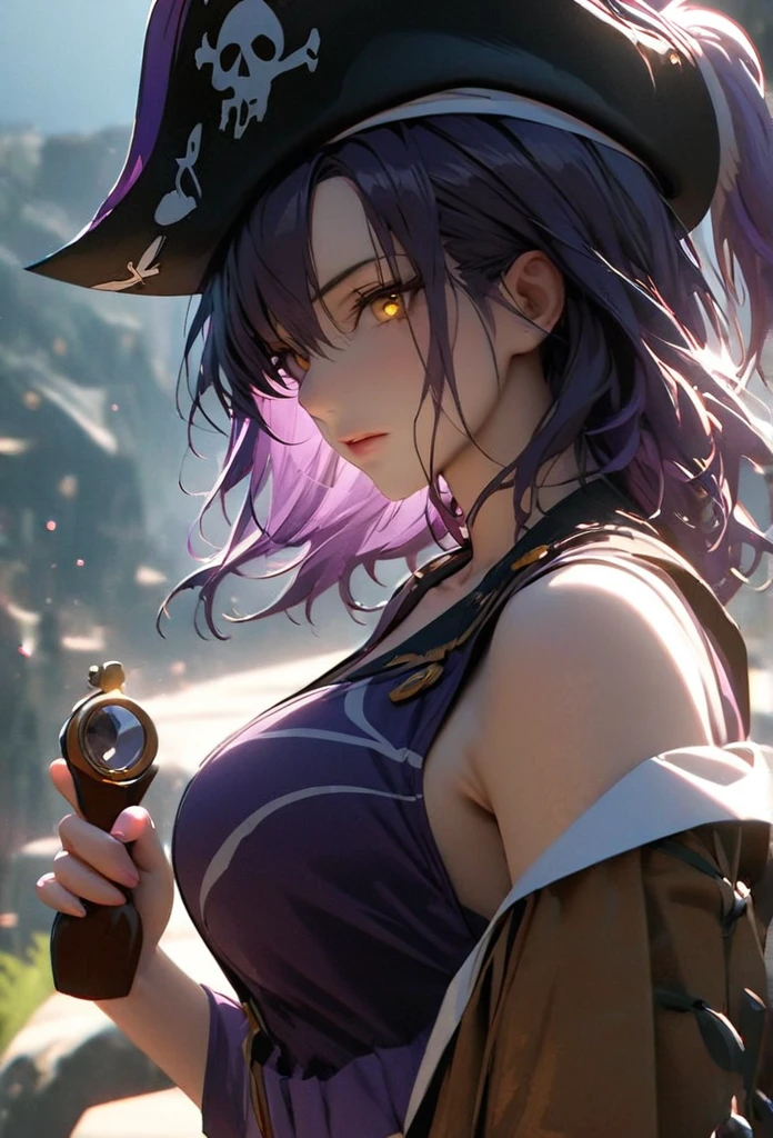 (solo), purple hair, messy hair, mane hair, medium hair, dense hair, wild hair, expressive hair, mature,(25 year old), pale skin, yellow eyes, ((Female)), beatiful girl, wearing a purple pirates outfit, pirate hat, blue skirt, rolled up sleeves, beautiful, attractive, large breast, and round and big ass, Holding a flintlock, eye reflection, depth of field, thunder aura, cinematic lighting, ray tracing, depth of field, cinematic lighting, ray tracing, UHD, high details, best quality, highres, high quality, award winning, super detail, masterpiece, 8k, UHD, high details, best quality, highres, high quality, award winning, super detail, masterpiece, 8k, digital art, anime coloring, body shot, good face, perfect face, detailed face, good eyes. A sea and island background