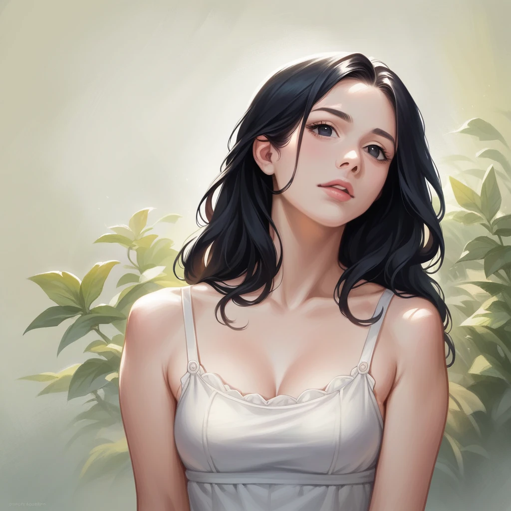 beautiful girl with realistic black eyes, pale skin, mid-length black hair, perfect face, perfect eyes, wearing sundress, highly detailed, comprehensive cinematic, digital painting, 8k, cinematic lighting, best quality, highres, detailed work, post-processing, perfect result, hyper realistic