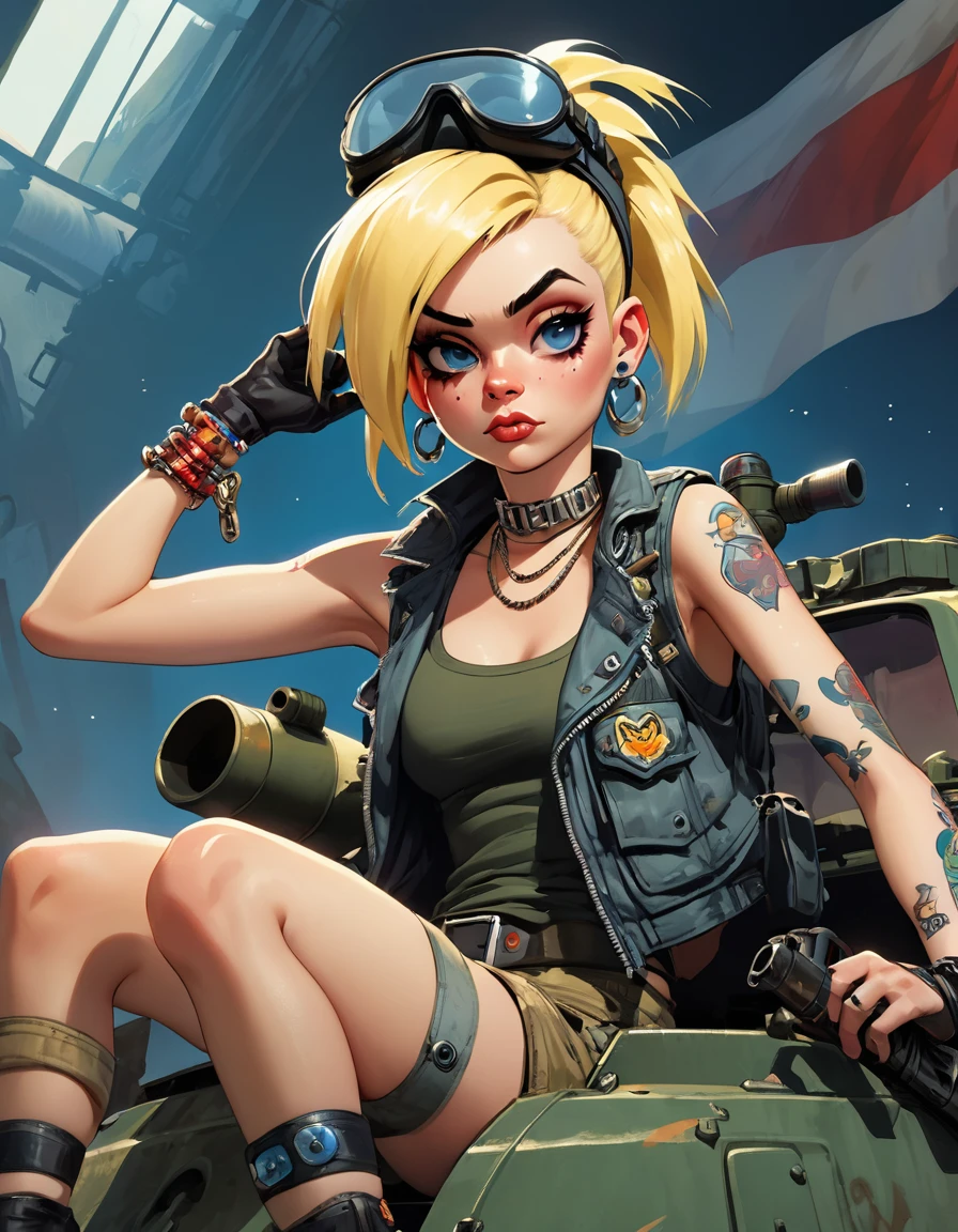 tank girl character, punk, blonde, with piercings, wearing a helmet, holding a shotgun, sitting on a tank, (best quality, 4k, 8k, high resolution, masterpiece: 1.2), ultra detailed, (realistic, photorealistic, photorealistic: 1.37 ), oil painting, art inspired by Skottie Young and Bill Sienkiewicz, detailed facial features, piercings, punk, brave military aesthetic, worn and rugged look, dramatic lighting, cinematic composition, vibrant colors, moody atmosphere.