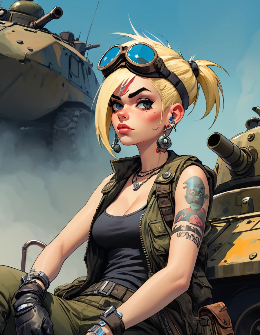 tank girl character, punk, blonde, with piercings, wearing a helmet, holding a shotgun, sitting on a tank, (best quality, 4k, 8k, high resolution, masterpiece: 1.2), ultra detailed, (realistic, photorealistic, photorealistic: 1.37 ), oil painting, art inspired by Skottie Young and Bill Sienkiewicz, detailed facial features, piercings, punk, brave military aesthetic, worn and rugged look, dramatic lighting, cinematic composition, vibrant colors, moody atmosphere.
