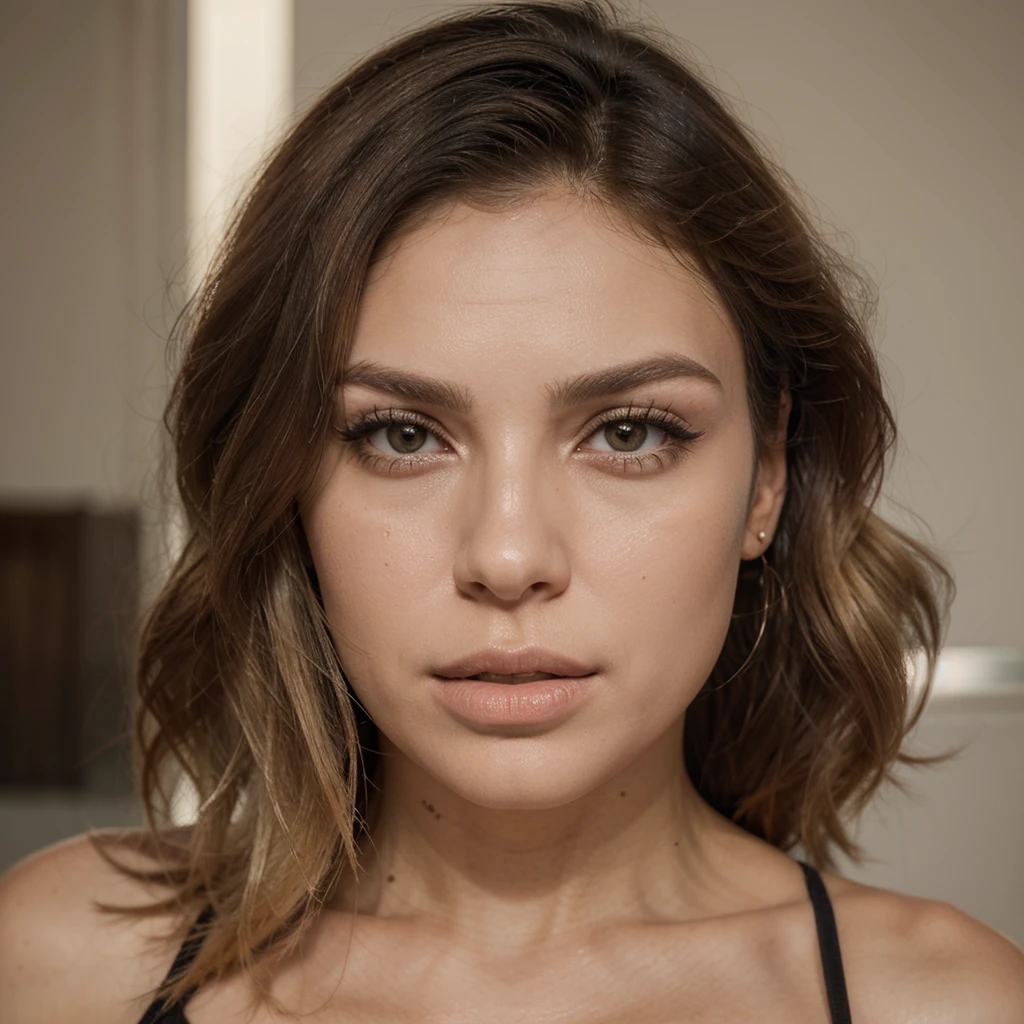 Young woman with straight and short hair, posing naked without clothes, it looks like her pussy hair is very thick