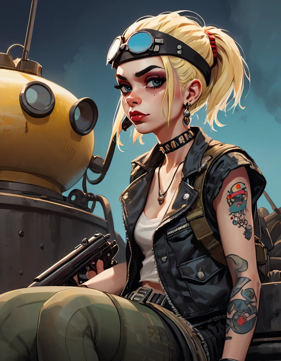 tank girl character, punk, blonde, with piercings, wearing a helmet, holding a shotgun, sitting on a tank, (best quality, 4k, 8k, high resolution, masterpiece: 1.2), ultra detailed, (realistic, photorealistic, photorealistic: 1.37 ), oil painting, art inspired by Skottie Young and Bill Sienkiewicz, detailed facial features, piercings, punk, brave military aesthetic, worn and rugged look, dramatic lighting, cinematic composition, vibrant colors, moody atmosphere.