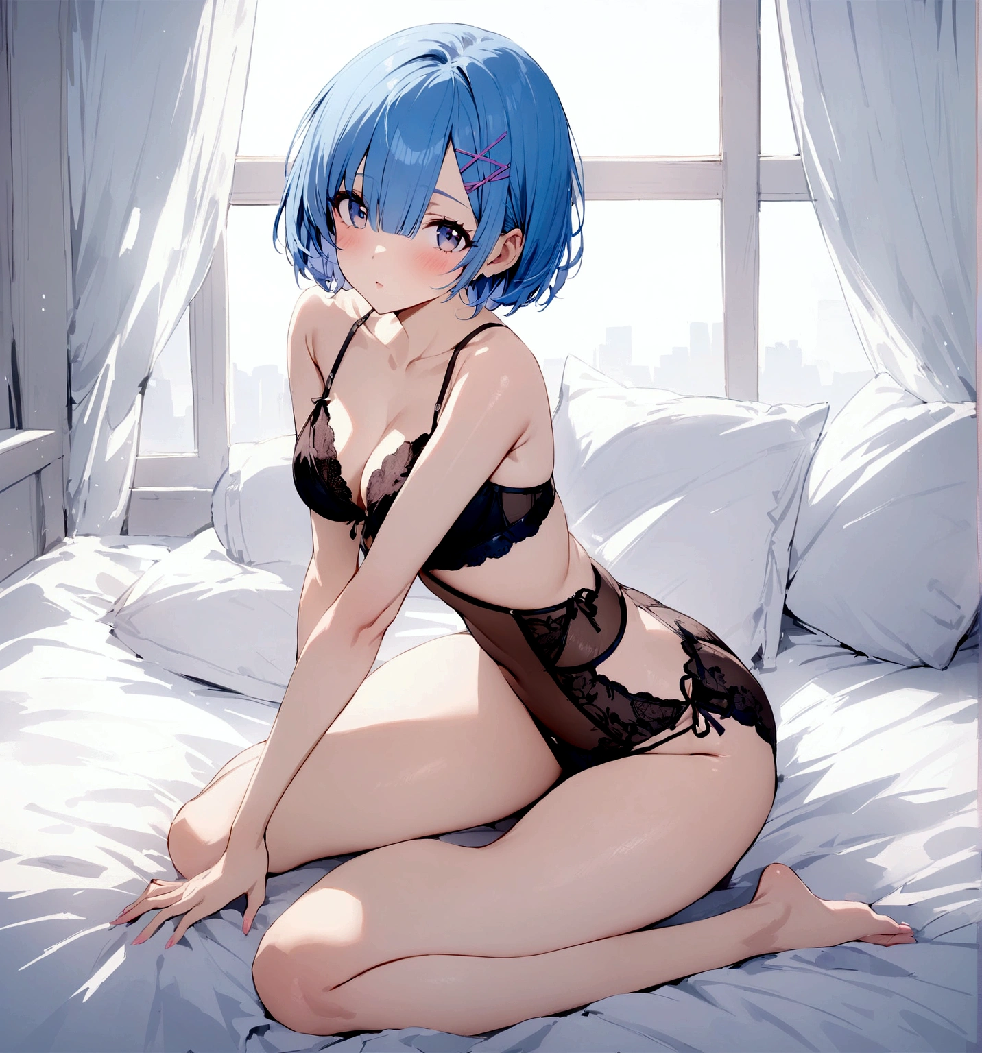masterpiece, Highest quality, Rem, One Girl, lingerie,Beautiful Eyes,Blue Hair,whole body