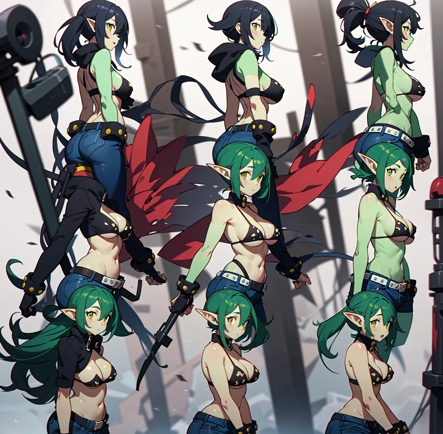 1 girl, , goblin girl, female goblin, goblin, green skin, large ears, full body, muscular , (Yoko Littner clothes), jeans hot pants, short black hair