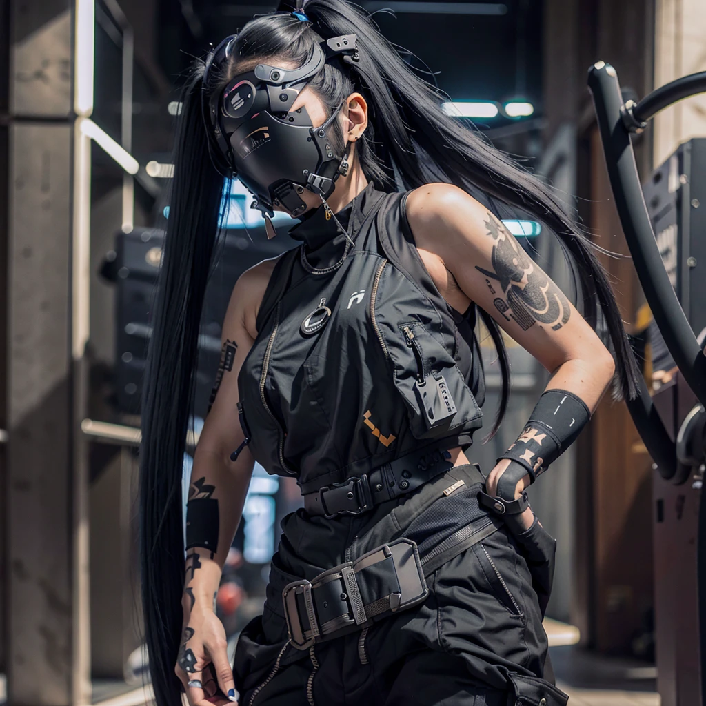1girl, long blue twin tail hair, cyber helmet, black tank top, black cargo pants, mouth mask, covered mouth, Blur background, Tattooed, 8K, Hi-Res