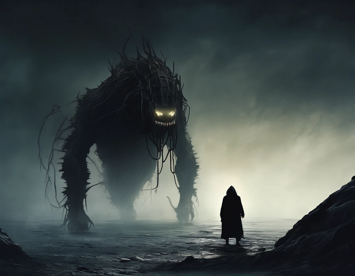 (dark horror), (gloomy creature), tall titanic twisted creature, terrible gigantic creature on a wastelands, faceless beast, (dark lighting), many shadows, cold lights