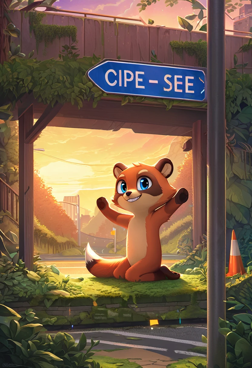 ((Masterpiece)), ((Best Quality)), (Very Detailed), ((Very Detailed)), 4K, (8K), very aesthetic, absurdres highres,1male, anthropomorphic fox, blue eyes, looking at viewer, solo, orange fur, glitch, animal focus, cityscape, city, furry, upper body, closed mouth, skyscraper, fox, door, field, frog, from side, full body, grass, hands up, kneeling, leaf, light rays, moss, night, outdoors, path, plant, road, road sign, sign, sunbeam, sunlight, sunset, tanuki, teeth, traffic cone, traffic light, transparent, tree, upper teeth only, window, 