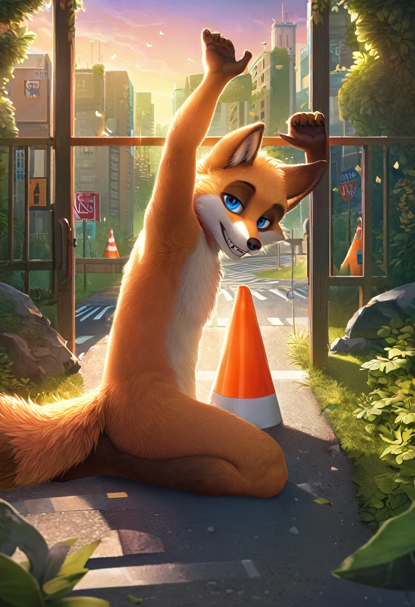 ((Masterpiece)), ((Best Quality)), (Very Detailed), ((Very Detailed)), 4K, (8K), very aesthetic, absurdres highres,1male, anthropomorphic fox, blue eyes, looking at viewer, solo, orange fur, glitch, animal focus, cityscape, city, furry, upper body, closed mouth, skyscraper, fox, door, field, frog, from side, full body, grass, hands up, kneeling, leaf, light rays, moss, night, outdoors, path, plant, road, road sign, sign, sunbeam, sunlight, sunset, tanuki, teeth, traffic cone, traffic light, transparent, tree, upper teeth only, window, 