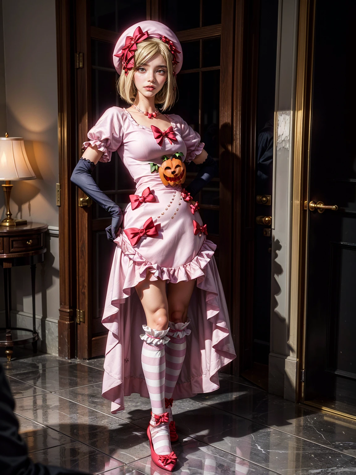 (1 lady), The beautiful, (Best quality at best:1.4), (ultra - detailed), (extremely detailed CG unified 16k), gold blonde hair, very detailed, High-definition RAW color photo, professional photoshooting, amazing face and eyes, cosmetics, (amazingly beautiful girl), ((lambdadelta, tall woman, taller)), ((dress, shoes bow, red shoes, striped stockings, red bow, pink hat, necklace, gloves, pearl, pumpkin brooch, pink dress)), standing, sexyposture,(Dark and stylish sunset street, urban landscape, blue sky, streets), (look from down), realistic cinematic face, head to feet long wide zoomed out view, full body long view, photorealistic, ((realistic natural blonde hair style, honey eyes)), gorgeous, extremely beautiful face, perfect model beauty, pout mouth, flirting smile, cleavages, city girl, western, eating candies, (masterpiece), best quality, high resolution, extremely detailed, blurred background, depth of field, cinematic lighting, (amazing legs, strong legs, athletic legs), high heels, clear and well-cared skin