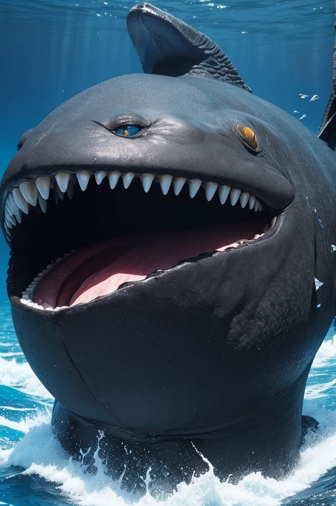 um peixe diabo negro gigante com olhos negros e uma grande boca aberta
