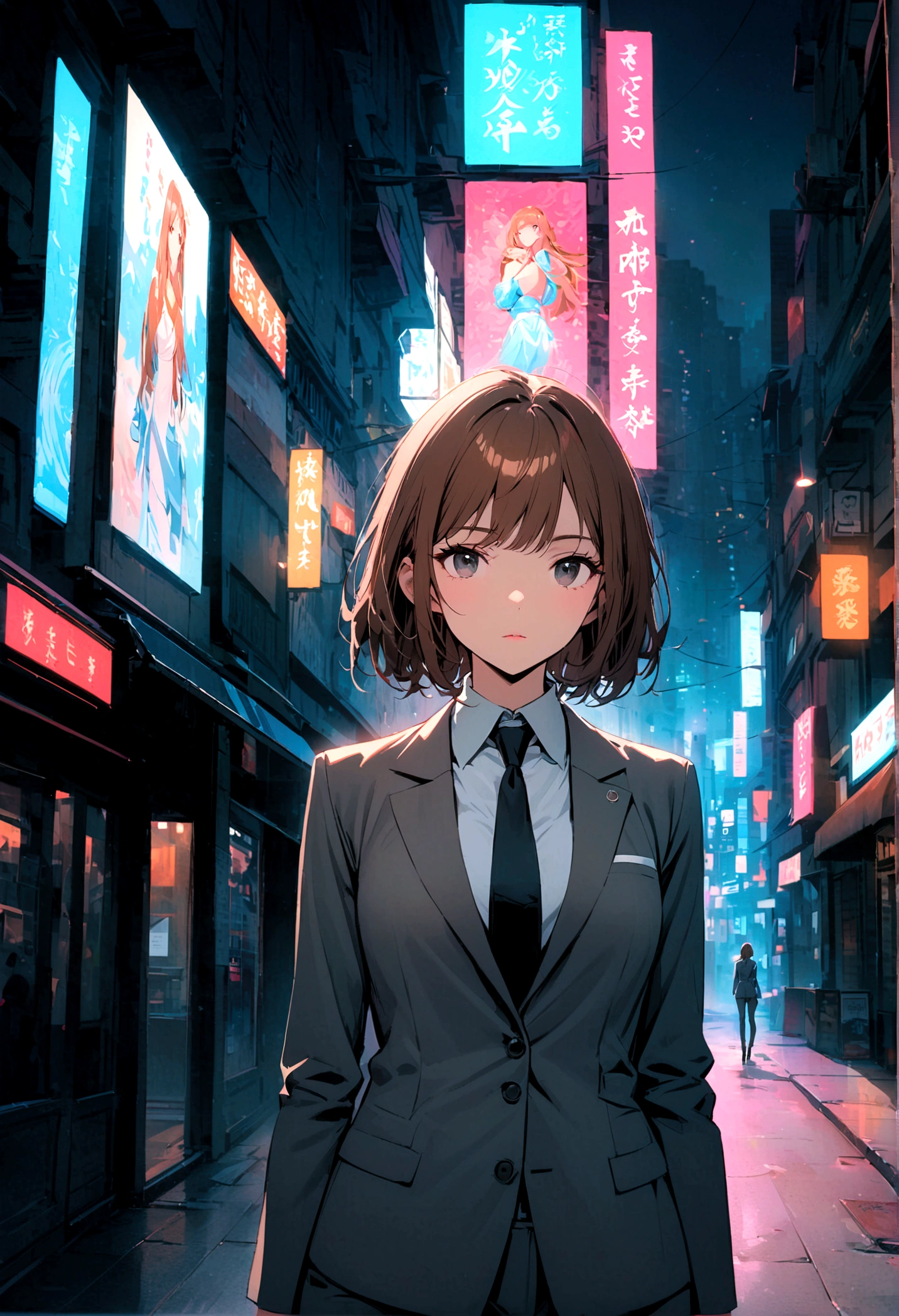A woman with long brown hair, black eyes, and gray suit stands alone in the middle of the city at night.