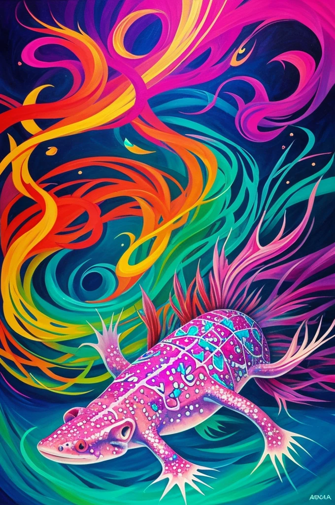 Generate an image of an axolotl painted with psychedelic art 