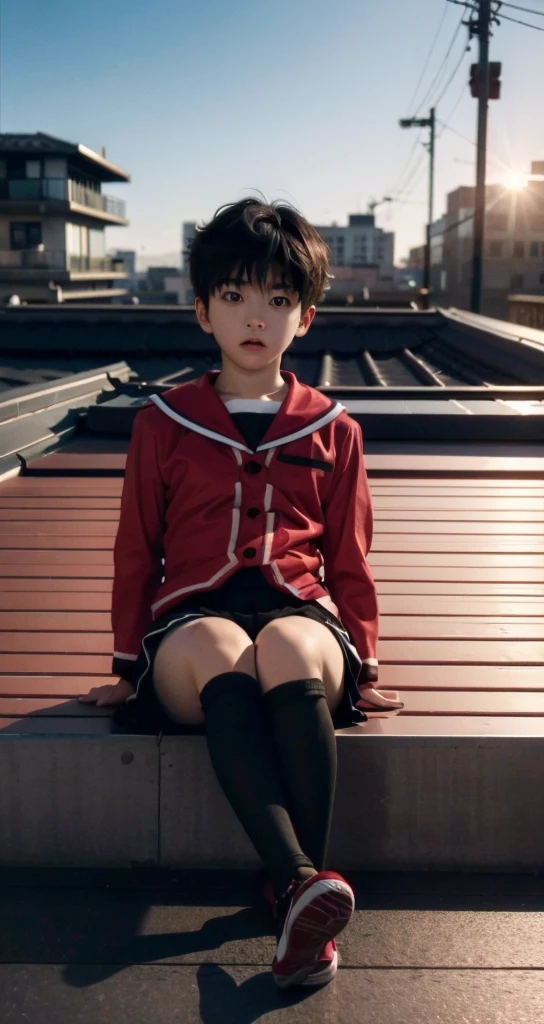 1 little boy，Shota，No makeup，Pink short hair，Male characteristics，Unique的，face to face audience，full-body shot，Red JK，miniskirt，Black pantyhose，Sailor Suit，Sitting，Unique ，roof，City background，Rooftop，Legs together 8k