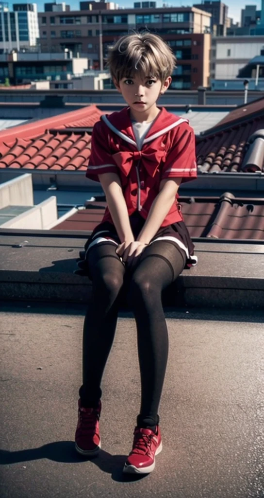 1 little boy，Shota，No makeup，Pink short hair，Male characteristics，Unique的，face to face audience，full-body shot，Red JK，miniskirt，Black pantyhose，Sailor Suit，Sitting，Unique ，roof，City background，Rooftop，Legs together 8k