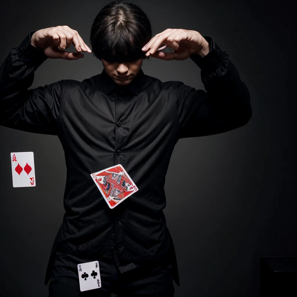 Magician in black clothes with his head down raising his hands and playing cards flying around him