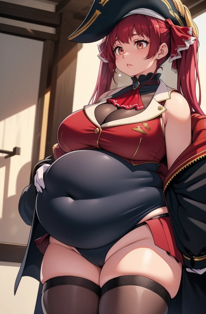 (best quality,4k,8k,highres,masterpiece:1.2), ultra-detailed, (realistic,photorealistic,photo-realistic:1.37), HDR, UHD, studio lighting, ultra-fine painting, sharp focus, physically-based rendering, extreme detail description, professional, vivid colors, bokeh, portraits, photography, (best quality,masterpiece:1.3), (mature woman, milf), (tall:1.2), anime, masterpiece, beautiful eyes, best quality, detailed face, 1girl, solo, beautiful, houshouBase, heterochromia, red eyes, yellow eyes, twintails, long hair, hair ribbon, large breasts, white gloves, frilled choker, red ascot, leotard, leotard under clothes, red jacket, cropped jacket, sleeveless jacket, black coat, off shoulder, bicorne, red skirt, miniskirt, leather belt, black thighhighs, huge breasts, huge belly, bloated belly, stuffed belly, plump, chubby, curvy, chubby girl, belly, big belly, fat belly,