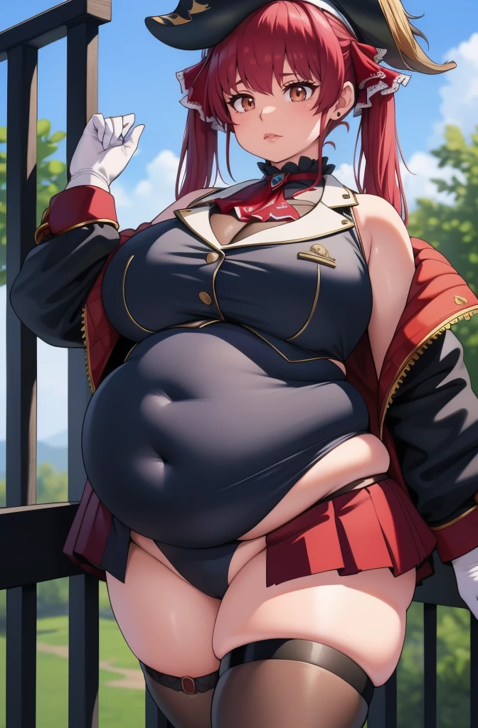 (best quality,4k,8k,highres,masterpiece:1.2), ultra-detailed, (realistic,photorealistic,photo-realistic:1.37), HDR, UHD, studio lighting, ultra-fine painting, sharp focus, physically-based rendering, extreme detail description, professional, vivid colors, bokeh, portraits, photography, (best quality,masterpiece:1.3), (mature woman, milf), (tall:1.2), anime, masterpiece, beautiful eyes, best quality, detailed face, 1girl, solo, beautiful, houshouBase, heterochromia, red eyes, yellow eyes, twintails, long hair, hair ribbon, large breasts, white gloves, frilled choker, red ascot, leotard, leotard under clothes, red jacket, cropped jacket, sleeveless jacket, black coat, off shoulder, bicorne, red skirt, miniskirt, leather belt, black thighhighs, huge breasts, huge belly, bloated belly, stuffed belly, plump, chubby, curvy, chubby girl, belly, big belly, fat belly,