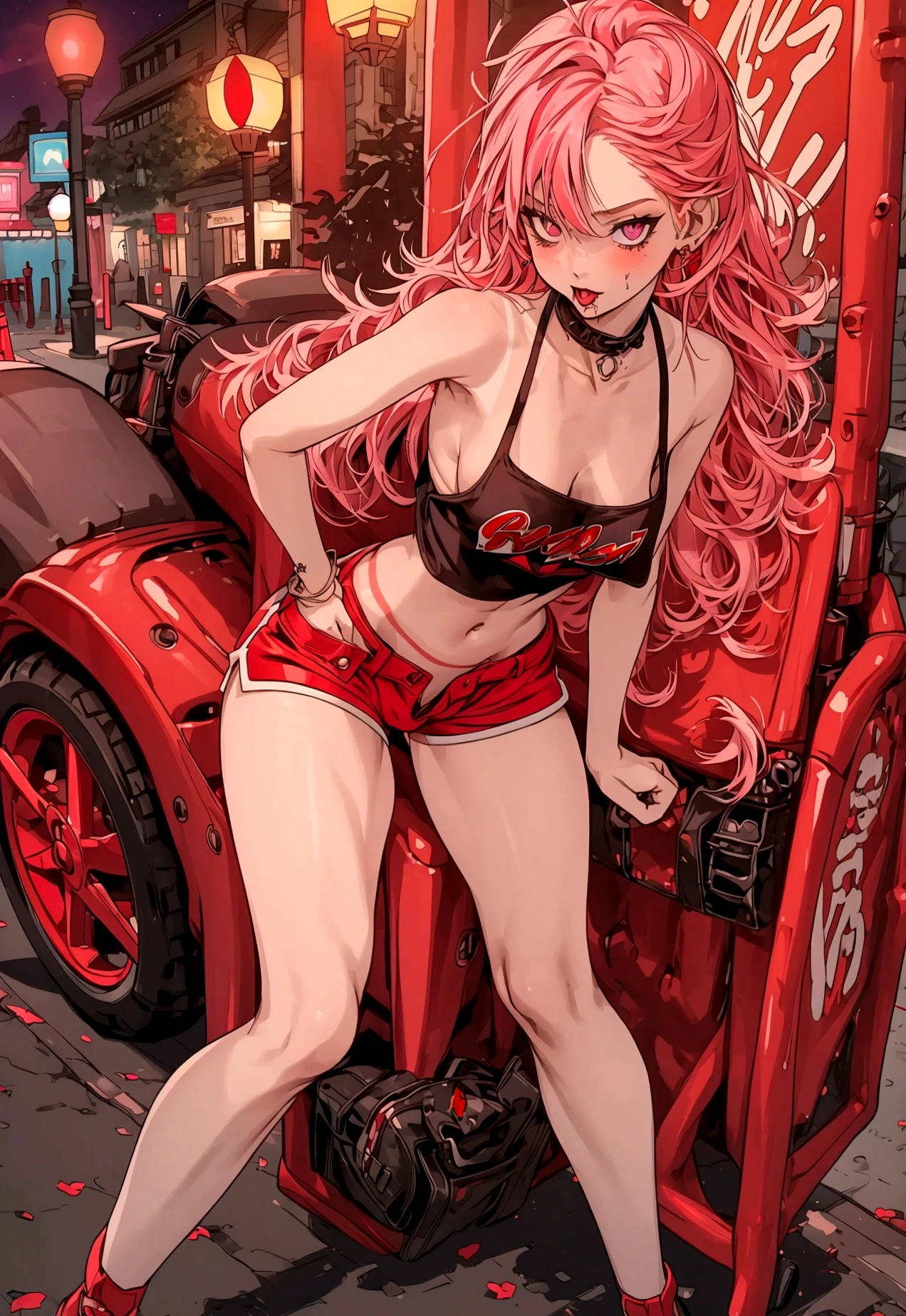 ((Very naughty scenes : 1.3)), panties exposed, Very pretty and sexy beauty, crop-top, under boob style, pink hair, purple eyes, full body shot, Background in front of a street bar at night, slim body, small breast, drunken, ((tanline : 1.1)), ((red flush : 1.3)), Vivid cameltoe highlight; massive accsessory, tight dolphine shorts, lowrised,, , shaved pussy, bright pin lights,