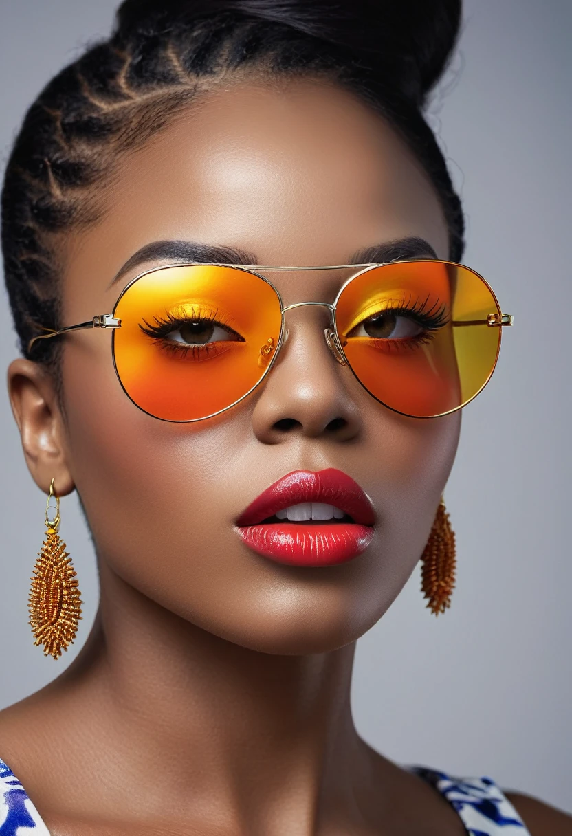black african women wearing sun glasses, detailed portrait, sharp focus, high resolution, photorealistic, beautiful detailed eyes, beautiful detailed lips, extremely detailed face, longeyelashes, fresh and agile look, stylish outfit, dynamic pose, studio lighting, vivid colors, professional photography