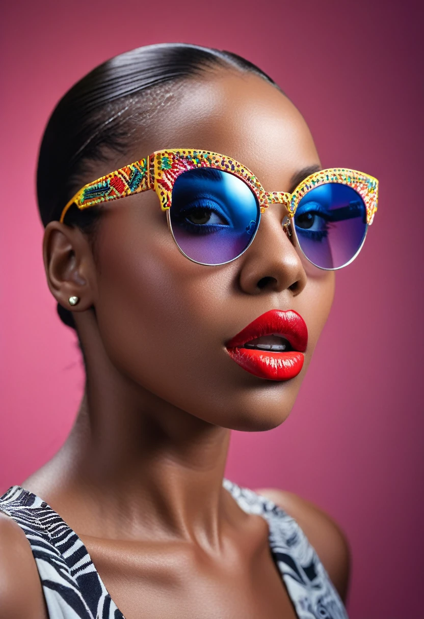 black african women wearing sun glasses, detailed portrait, sharp focus, high resolution, photorealistic, beautiful detailed eyes, beautiful detailed lips, extremely detailed face, longeyelashes, fresh and agile look, stylish outfit, dynamic pose, studio lighting, vivid colors, professional photography