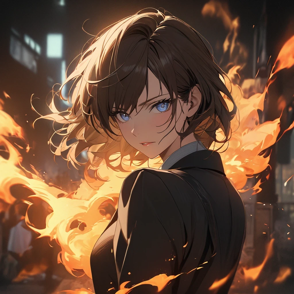 portrait. Half body.look back. A man in a suit has his back to the camera. Dark portrait. 8K quality., Raw Work, (brown hair),(blue eyes), (Black suit), (background: great black dragon with fire effect)