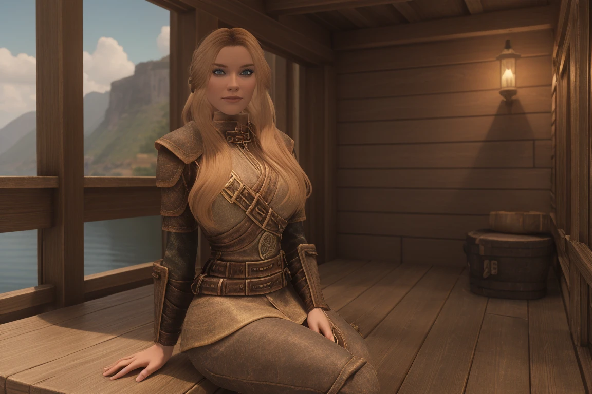 A majestic female Breton warrior maiden, her long, curly blonde hair tied back by a crimson ribbon, sits cross-legged on the wooden deck of the majestic ship in Daggerfall's harbor, basking in the warm sunlight. Her armor, adorned with intricate silver filigree, gleams against the blue sky as she dons a short skirt and knee-high boots. Her piercing gaze, bold and unyielding, meets the viewer's direct stare, her features illuminated by the golden light.