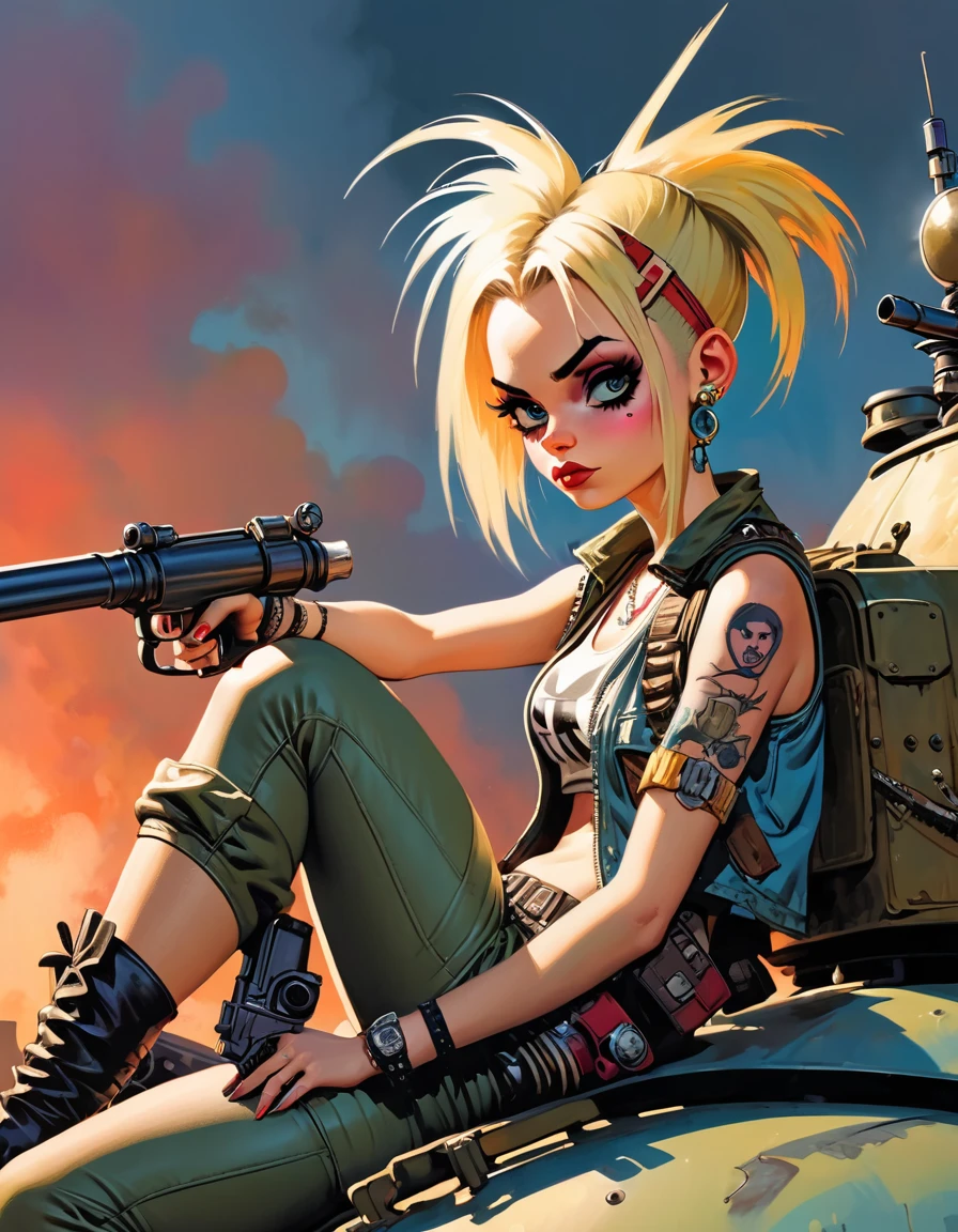 tank girl character, punk, blonde, with piercings, wearing a helmet, holding a shotgun, sitting on a tank, (best quality, 4k, 8k, high resolution, masterpiece: 1.2), ultra detailed, (realistic, photorealistic, photorealistic: 1.37 ), oil painting, art inspired by Skottie Young and Bill Sienkiewicz, detailed facial features, piercings, punk, brave military aesthetic, worn and rugged look, dramatic lighting, cinematic composition, vibrant colors, moody atmosphere.
