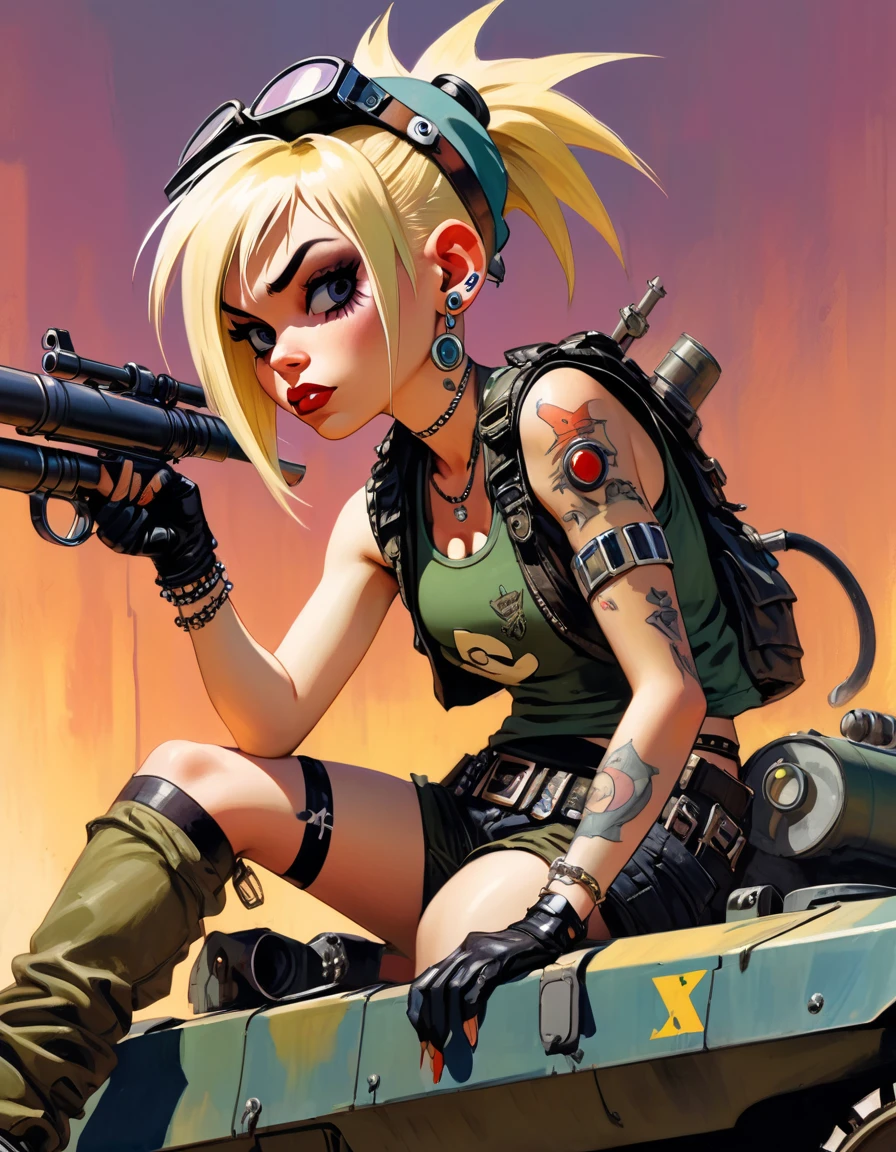 tank girl character, punk, blonde, with piercings, wearing a helmet, holding a shotgun, sitting on a tank, (best quality, 4k, 8k, high resolution, masterpiece: 1.2), ultra detailed, (realistic, photorealistic, photorealistic: 1.37 ), oil painting, art inspired by Skottie Young and Bill Sienkiewicz, detailed facial features, piercings, punk, brave military aesthetic, worn and rugged look, dramatic lighting, cinematic composition, vibrant colors, moody atmosphere.