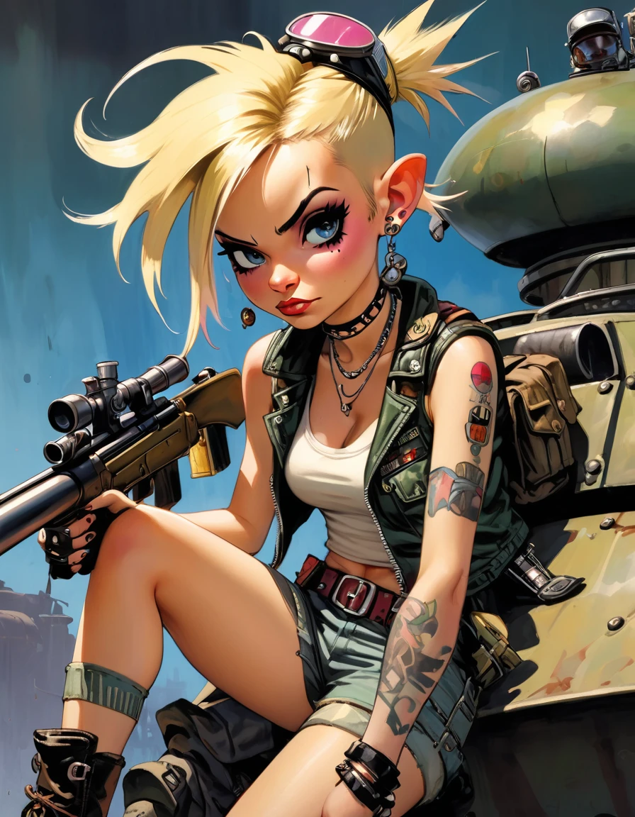 tank girl character, punk, blonde, with piercings, wearing a helmet, holding a shotgun, sitting on a tank, (best quality, 4k, 8k, high resolution, masterpiece: 1.2), ultra detailed, (realistic, photorealistic, photorealistic: 1.37 ), oil painting, art inspired by Skottie Young and Bill Sienkiewicz, detailed facial features, piercings, punk, brave military aesthetic, worn and rugged look, dramatic lighting, cinematic composition, vibrant colors, moody atmosphere.