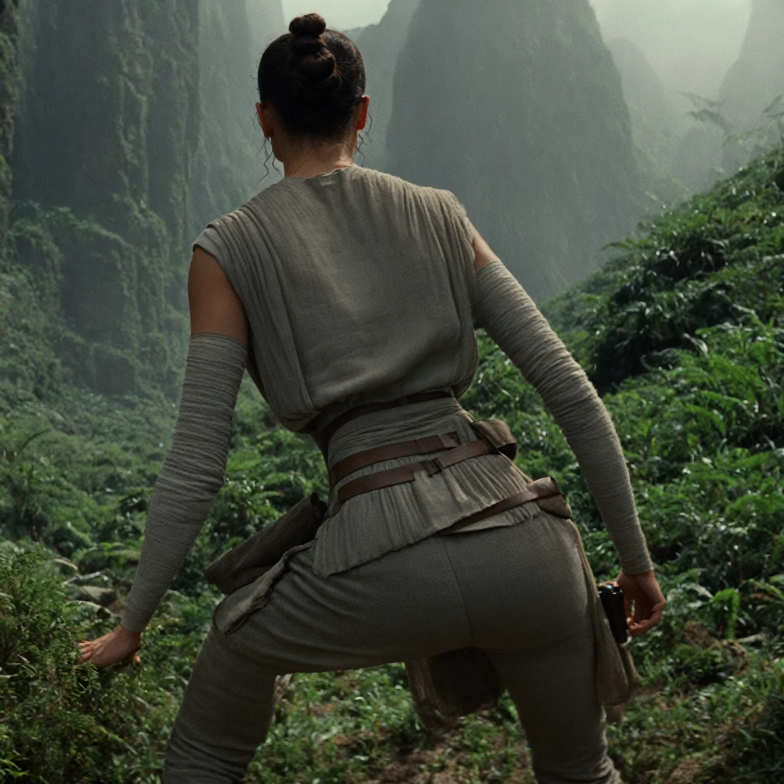 cinematic film still rey, scavenger, highly detailed, high budget Hollywood movie by barry jenkins, ((she is showing her very small ass)), nsfw, solo 1 woman, ass is focus but its still covered in the pants