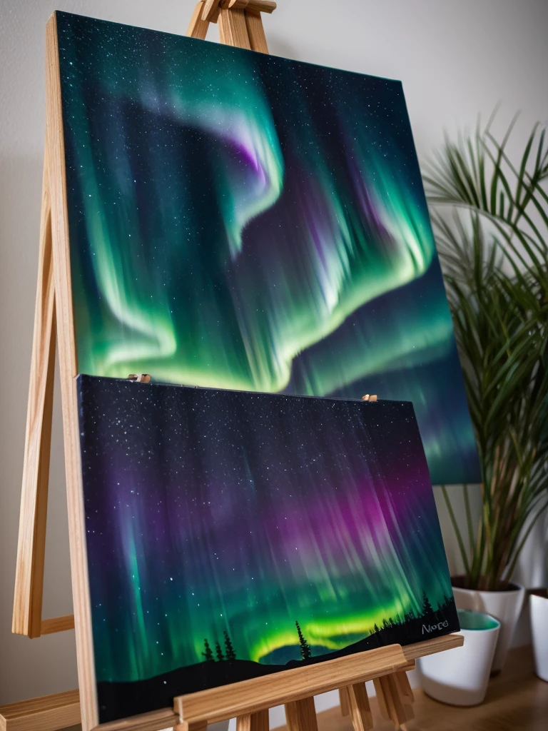 Create a Northern Lights-themed piece of art on a small-sized canvas on an easel in a minimalist place