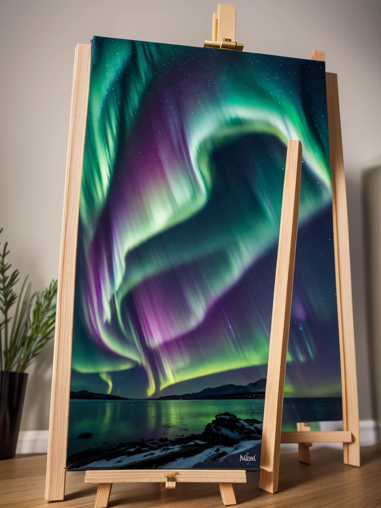 Create a Northern Lights-themed piece of art on a small-sized canvas on an easel in a minimalist place