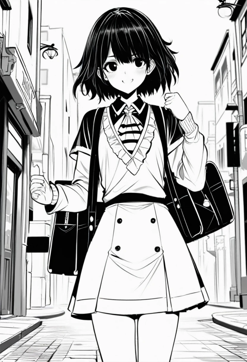 masterpiece, best quality 1girl, horosuke, dishwasher1910, grayscale, style: manga, black eyes, street, iced, black hair, schoolbag, smile, lineart, white background