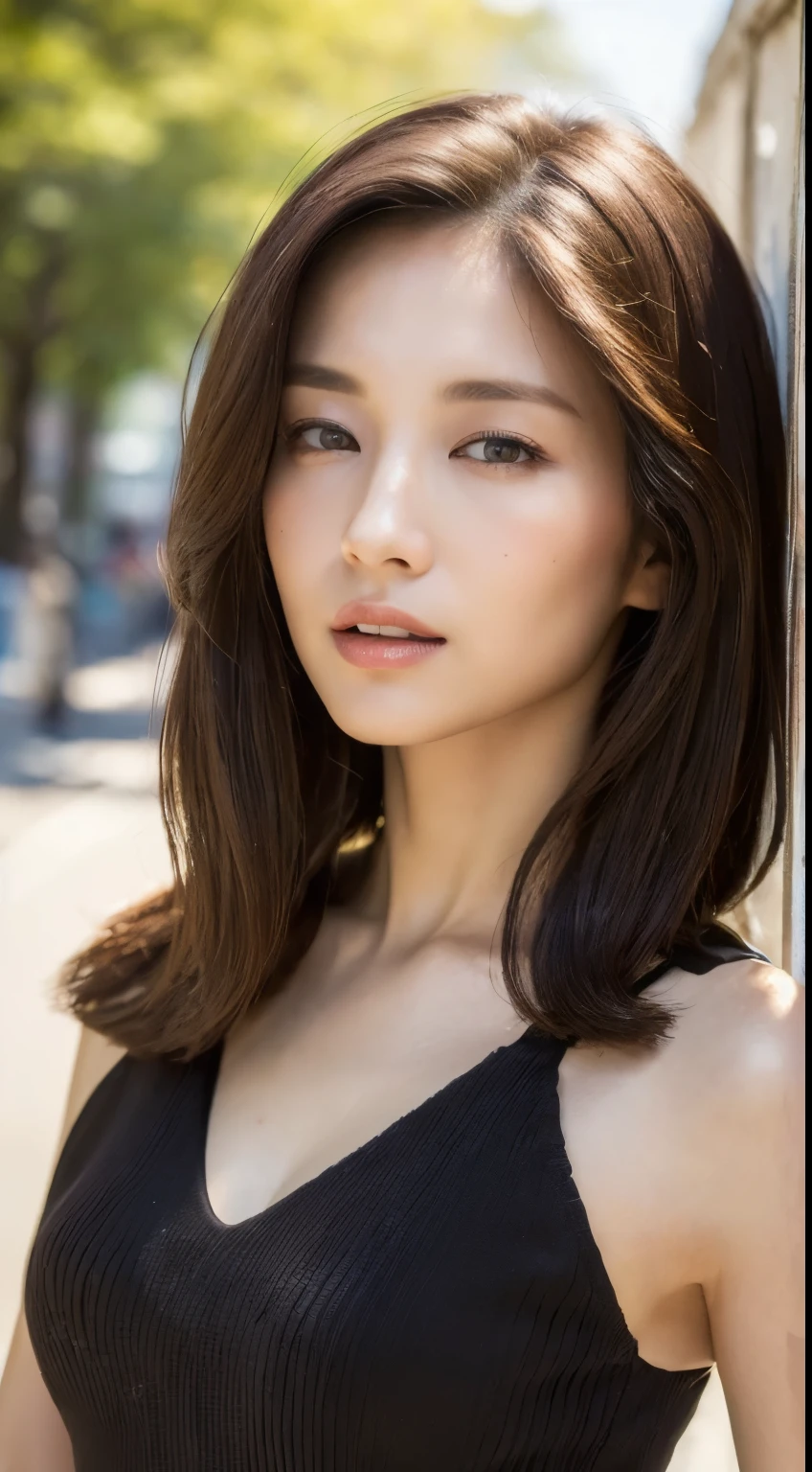 ((Top Quality, 8k, Masterpiece: 1.3)), Sharp Focus: 1.2, Beautiful Women with Perfect Style: 1.4, Slender Abs: 1.2, ((Dark Brown Hair, Big: 1.2)), (Natural Light, City Street: 1.1), Highly Detailed Face and Skin Texture, Detailed Eyes, Double Eyelids, Open Mouth, Gentle Eyes