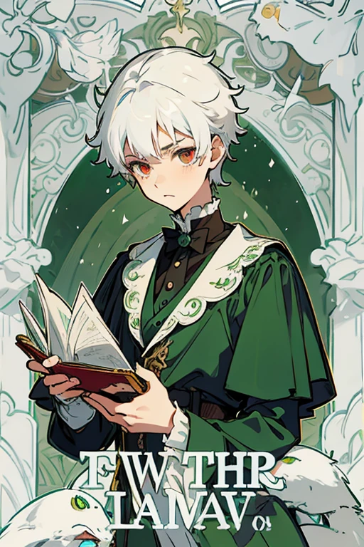 15 year old boy with white hair, ojos verdes amarillentos y labios rojos, vestido como un principe de la epoca victoriana