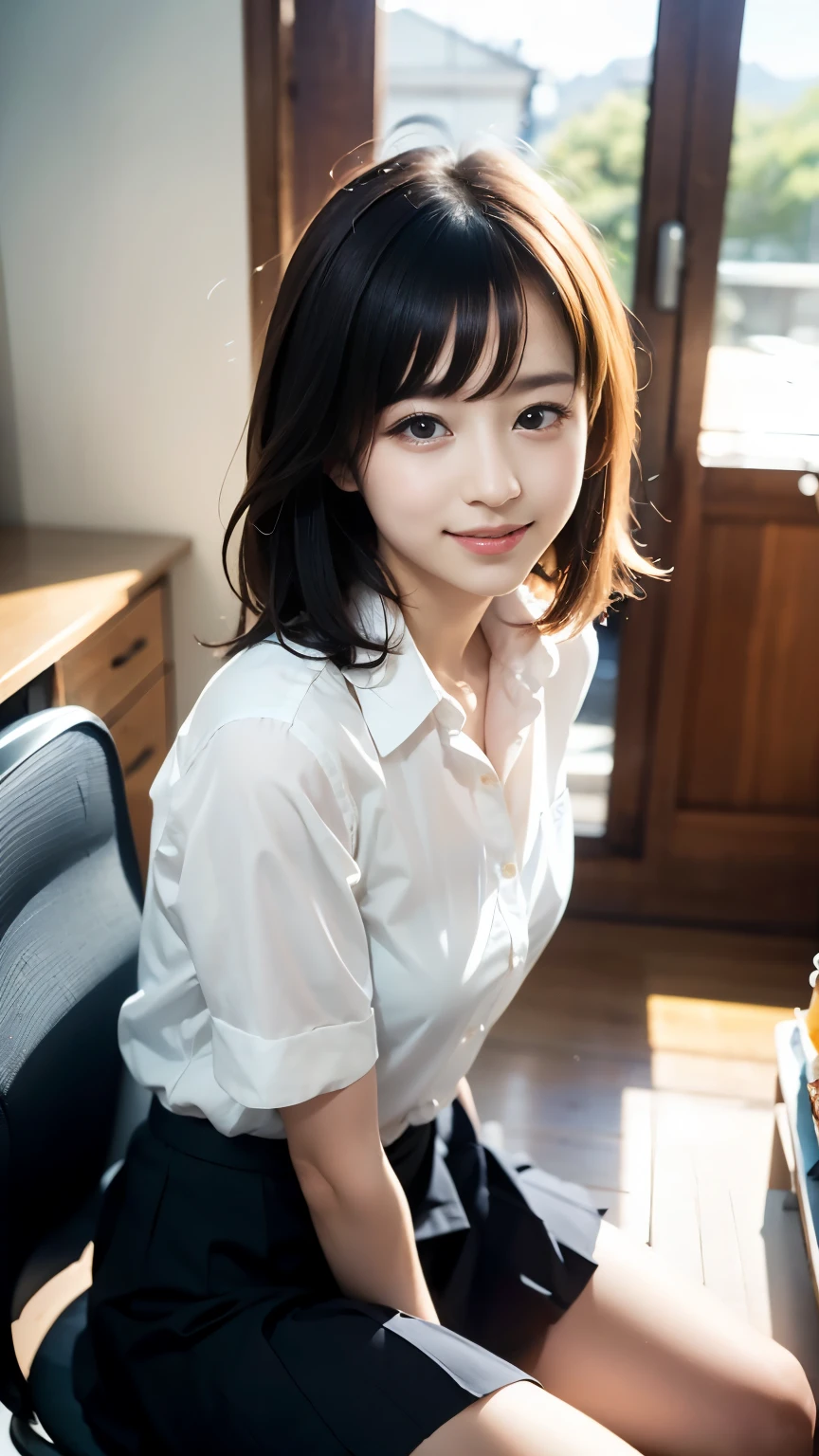 ((In-house)), smile、(Realistic、Realistic:1.37)、(masterpiece)、(Highest quality:1.4)、(超A high resolution:1.2)、(RAW Photos:1.2)、(Sharp focus:1.3)、(sit:1.2)、elegant、(Whole Body Ezbian:1.2)、(Collared shirt and skirt:1.3)、Very cute Japanese girl、(A faint smile:1.3)、(Makes hair shine:1.3)、 Brown haired、Short pleated skirt、Photo taken from the side of the desk、Beautiful and delicate eyes、 View your viewers、Shot from a side angle
