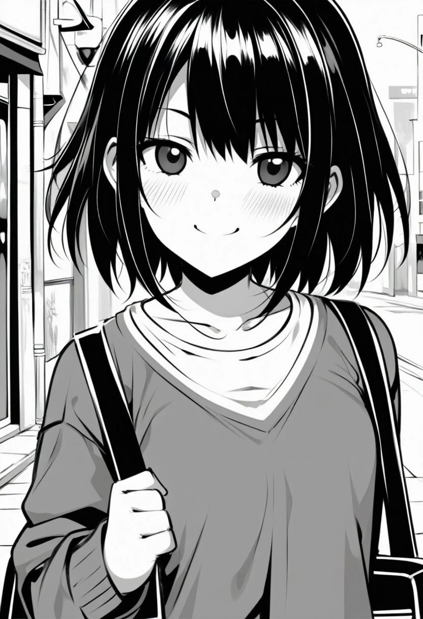 ​masterpiece, best quality 1girl, horosuke, grayscale, style: manga, black eyes, street, iced, black hair, schoolbag, smile, lineart, white background
