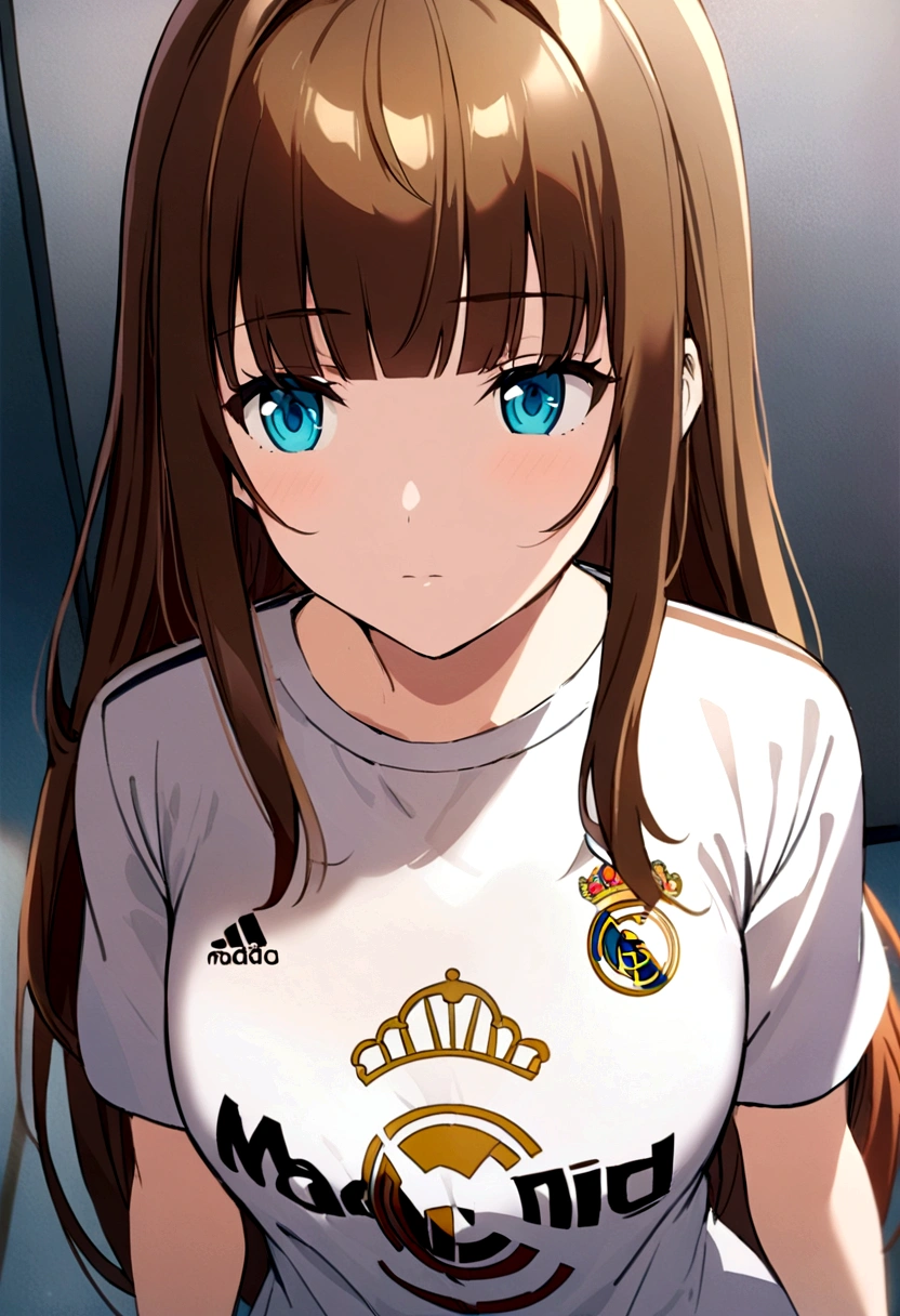 anime girl with bangs and long hair wearing a Real Madrid T-shirt