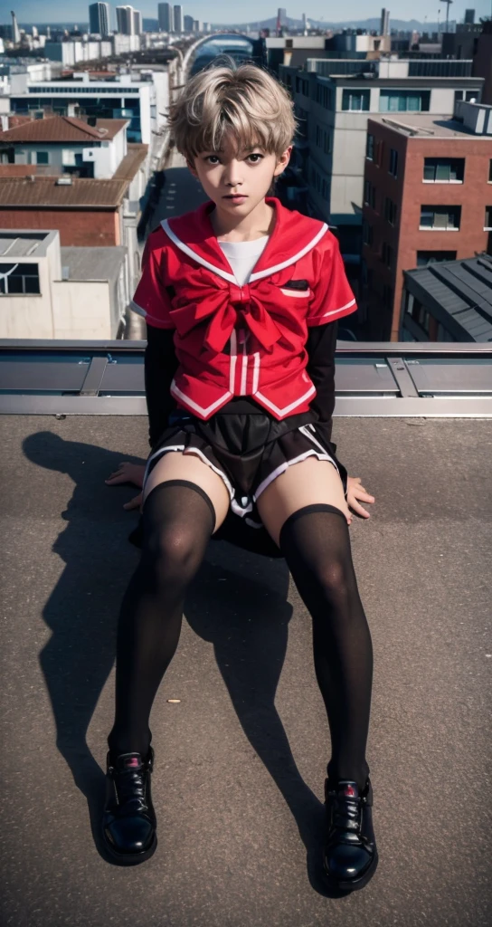 1 little boy，Shota，No makeup，Pink short hair，Male characteristics，Unique的，face to face audience，full-body shot，Red JK，miniskirt，Black pantyhose，Sailor Suit，Sitting，Unique ，roof，City background，Rooftop，Keep your legs together，8k，Small leather shoes