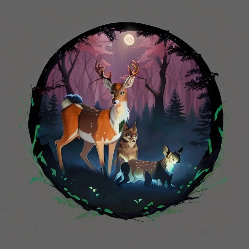 there are two deers and a dog in the woods, dnd in a dark forest, princess mononoke color scheme, in a forest at night, princess mononoke inspired, studio ghibly style mononoke, in the forest at night, in the woods at night, in a spooky forest, in a dark forest, art concept for a book cover