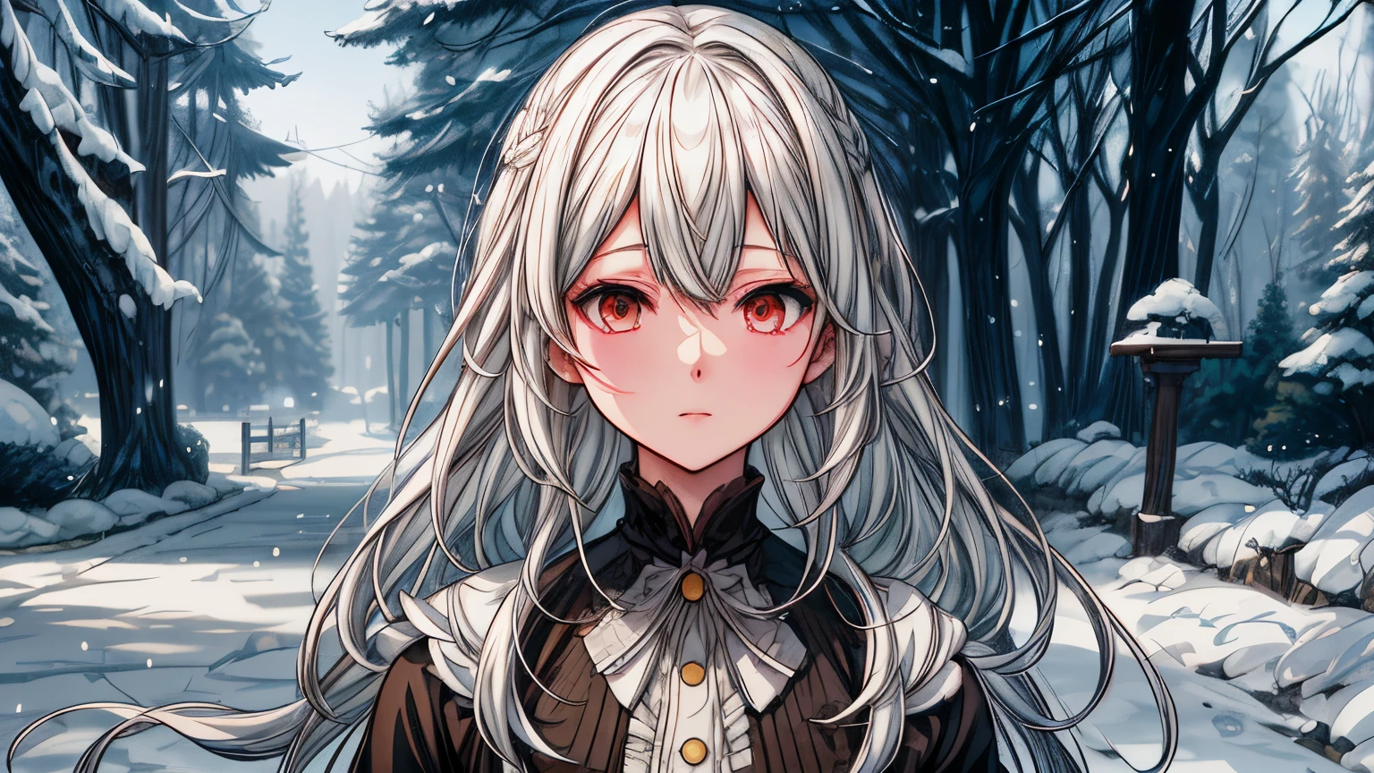 chica anime con pelo largo blanco y guantes negros parada frente a un bosque, arte de anime clave detallado, chica con pelo blanco, deidad de pelo blanco, guweiz, arte de anime digital detallado, guweiz en pixiv artstation, arte detallado del personaje de anime, guweiz en artstation pixiv, retrato detallado de chica anime, finos detalles. chicas de primera linea