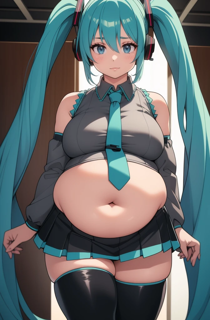 (best quality,4k,8k,highres,masterpiece:1.2), ultra-detailed, (realistic,photorealistic,photo-realistic:1.37), HDR, UHD, studio lighting, ultra-fine painting, sharp focus, physically-based rendering, extreme detail description, professional, vivid colors, bokeh, portraits, photography, (best quality,masterpiece:1.3), (mature woman, milf), (tall:1.2), anime, masterpiece, beautiful eyes, best quality, detailed face, 1girl, solo, beautiful, miku hatsune, ahoge, aqua eyes, aqua hair, crossed bangs, hair between eyes, hair ornament, headphones, long hair, twintails,
aqua necktie, black footwear, black skirt, black sleeves, boots, collared shirt, detached sleeves, grey shirt, necktie, pleated skirt, shirt, skirt, sleeveless, sleeveless shirt, thigh boots, tie clip, huge belly, bloated belly, stuffed belly, plump, chubby, curvy, chubby girl, belly, big belly, fat belly,