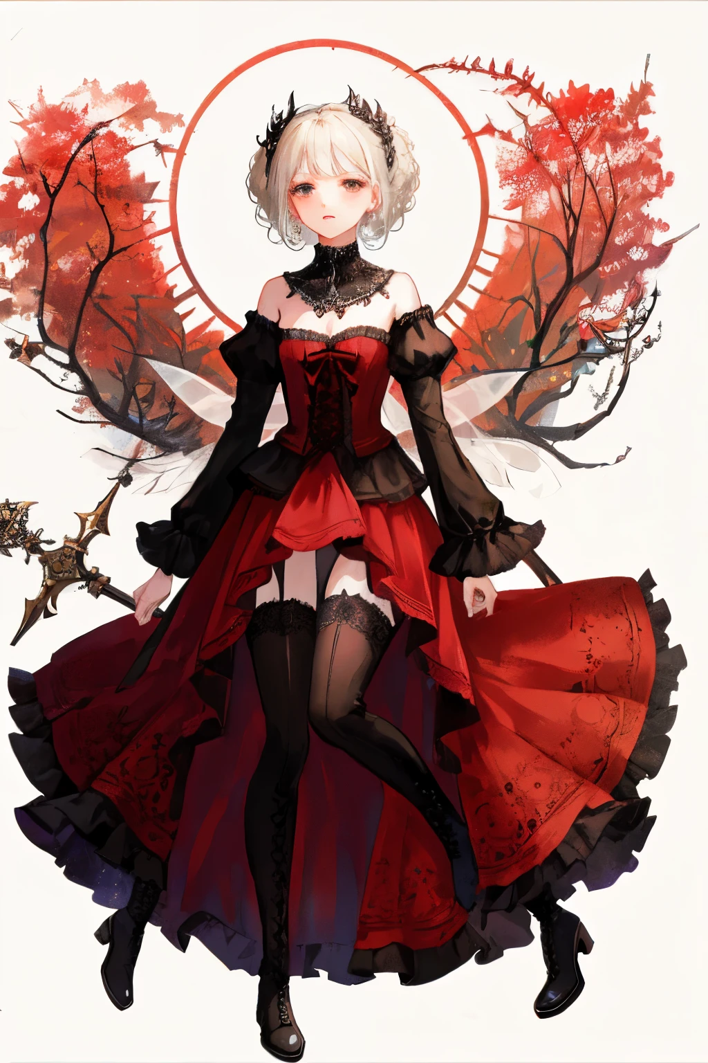 ((best quality)), ((masterpiece)), (detailed), 1girl, Character design, female, dynamic poses, long white grey hair, grey white eyes, very skinny, detailed, best quality, no accesoires around the neck, no shoes, prominent collarbones, skinny arms, flat stomach, visible hip bones, full body, blank white background, plain background, white background, red and white clothing, Bloodborne inspired, occult aesthetic, occult, detailed and intricate steampunk and detailed gothic, NSFW, Very dramatic and cinematic lighting, cosmic horror, grim-dark, side-lighting, perfect face, NSFW, Fluttering lace flared long knee length dress with frilly petticoats, knee length dress, pleated petticoats, petticoats gothic, complex lace boots, side-lighting, gothic aesthetic, wielding a mighty sword with mechanical components, mandalas, small breasts, a fairy, various different types of insect wings, NSFW, full body, whole body, body, plain background, white background, blank background, no background, white background NSFW, chains, full body, whole body, head-to-toe NSFW