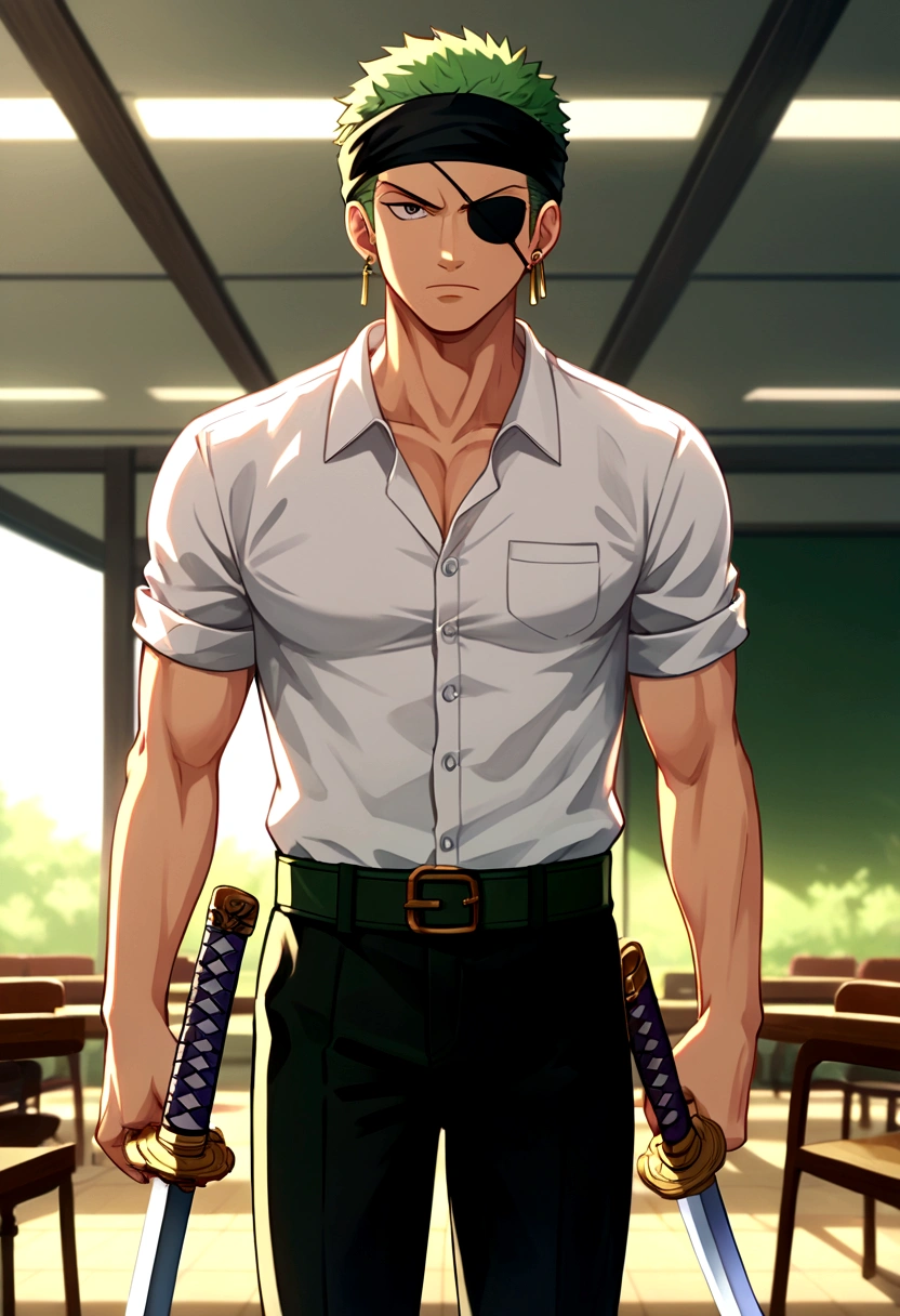 score_9, score_8_up, score_7_up, BREAK, source_anime, 1boy, roronoa zoro, looking at viewer, standing, indoors, restaurant, solo, male focus,black bandana, white shirt, short sleeves, black pants, single earring, holding two swords, sword, katana, field, forest, serious, (covered eyes, eye patch), anime screenshot, anime screencap, anime coloring, dramatic composition, cinematic lighting, (masterpiece, best quality, Professional, perfect composition, very aesthetic, absurdres, ultra-detailed, intricate details:1.3)