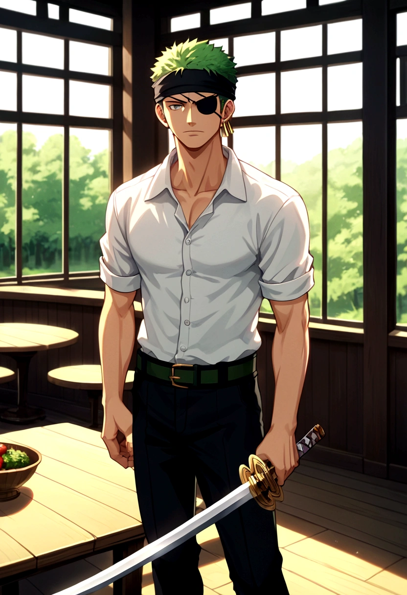 score_9, score_8_up, score_7_up, BREAK, source_anime, 1boy, roronoa zoro, looking at viewer, standing, indoors, restaurant, solo, male focus,black bandana, white shirt, short sleeves, black pants, single earring, holding two swords, sword, katana, field, forest, serious, (covered eyes, eye patch), anime screenshot, anime screencap, anime coloring, dramatic composition, cinematic lighting, (masterpiece, best quality, Professional, perfect composition, very aesthetic, absurdres, ultra-detailed, intricate details:1.3)